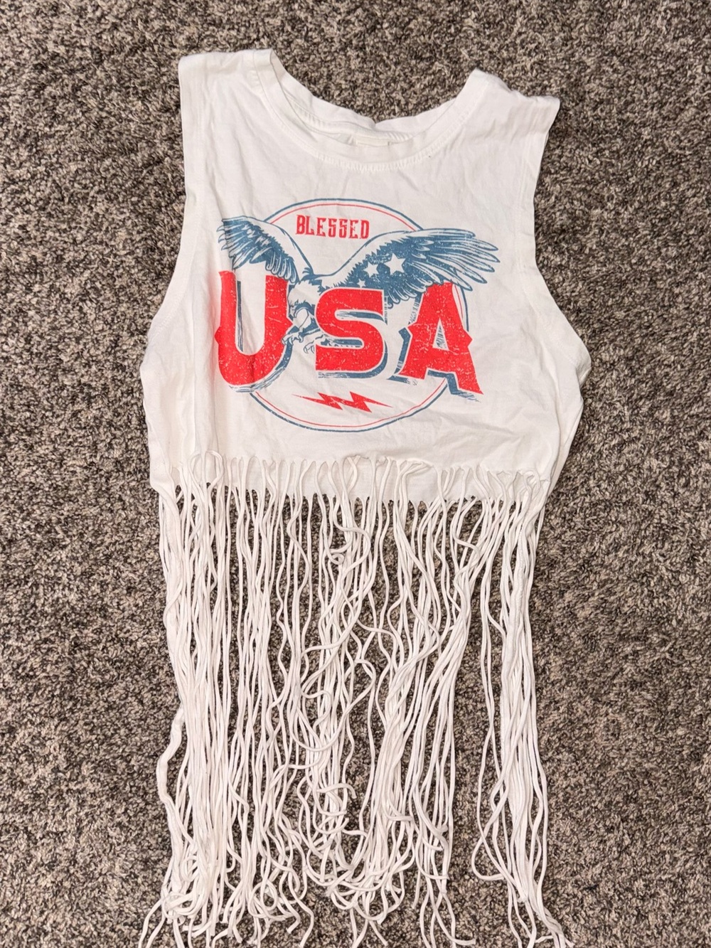 White USA Graphic Fringe Crop Tank
